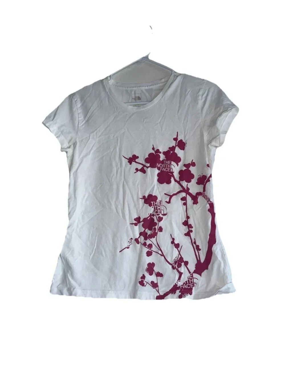 North Face Womens Fitted T Shirt Sz M White Pink Floral Logo Gorpcore - Picture 1 of 5